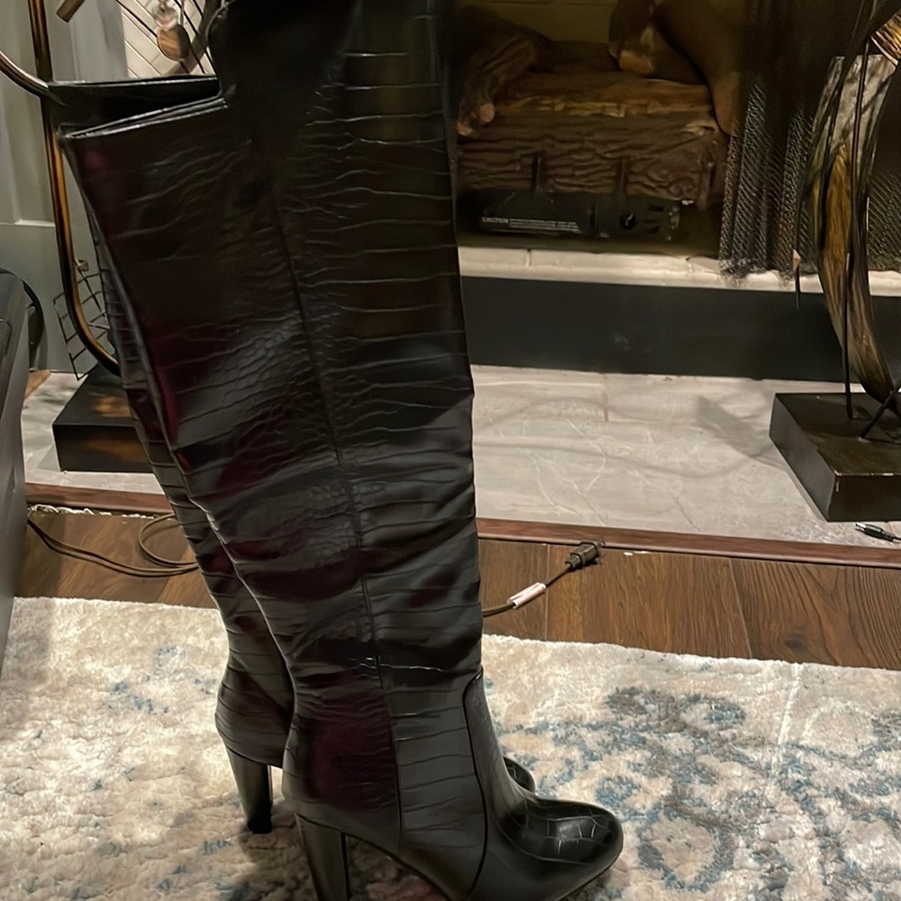 Black faux snake skin knee high boots